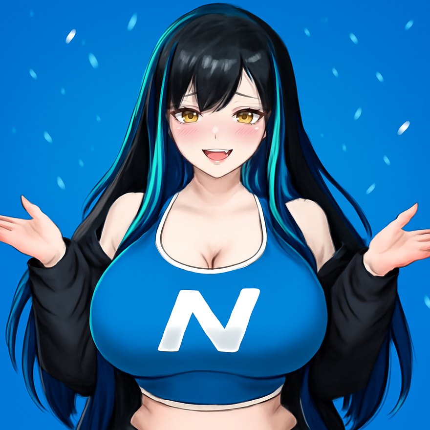 Nastitty, a long-haired anime heroine in a blue crop top with a crooked N, laughing with open hands under falling confetti